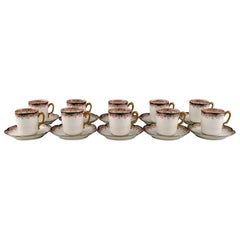 10 tasses à moka avec soucoupes en porcelaine peinte à la main, Limoges, France