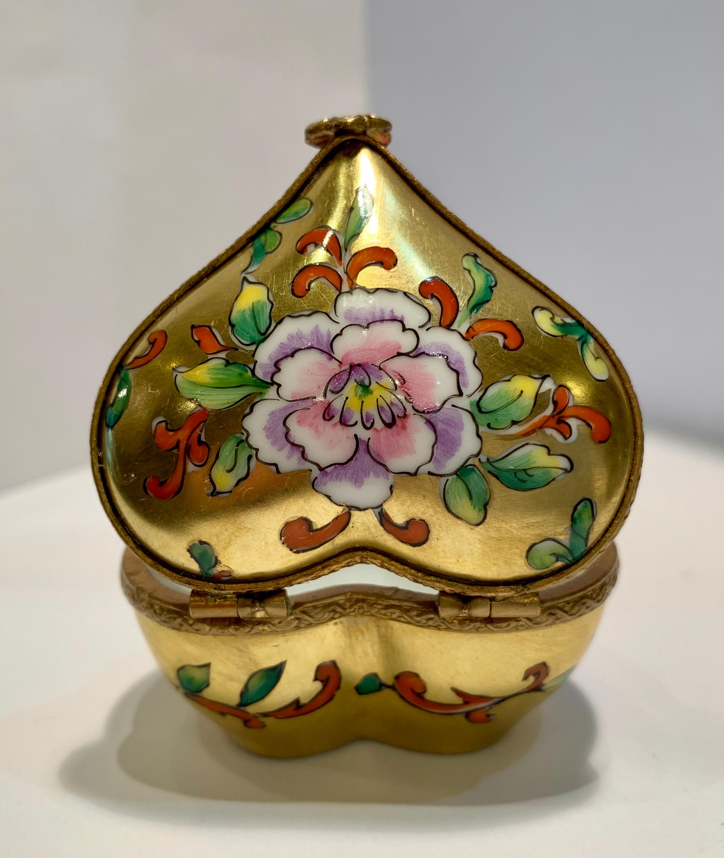 Limoges France 24-Karat Gold Finish Hand Painted Porcelain Heart Shaped Box 1