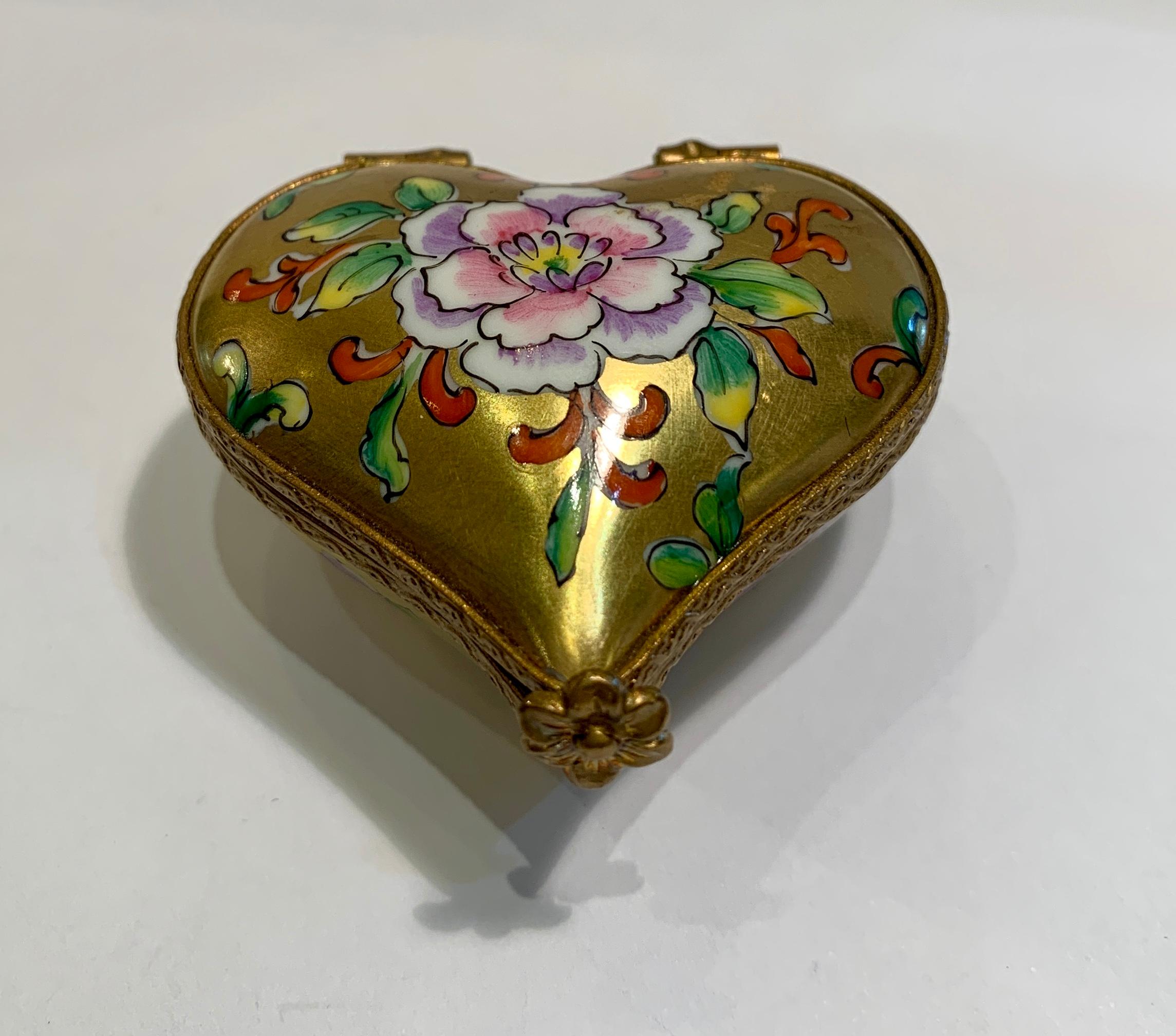 French Limoges France 24-Karat Gold Finish Hand Painted Porcelain Heart Shaped Box