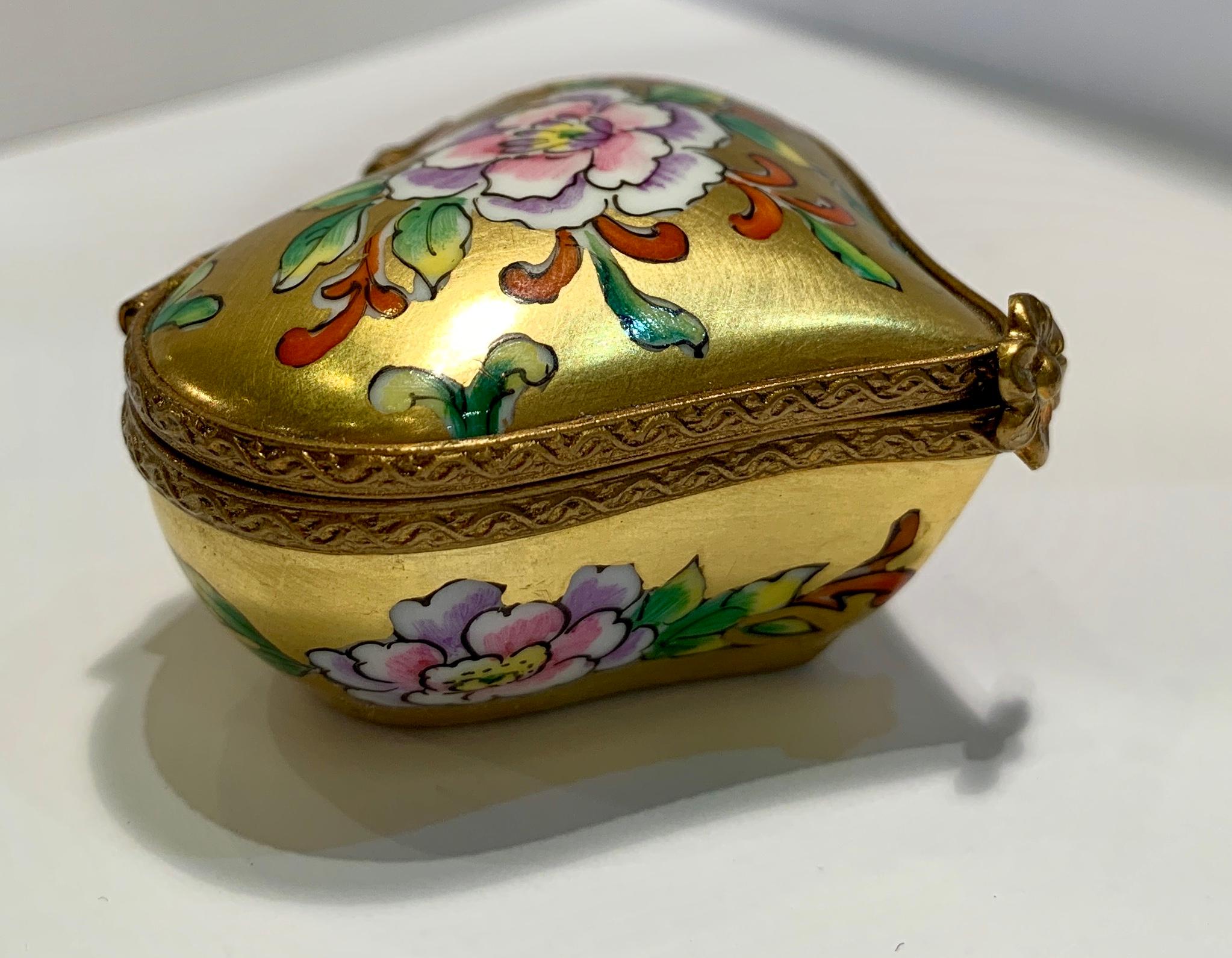 Metal Limoges France 24-Karat Gold Finish Hand Painted Porcelain Heart Shaped Box