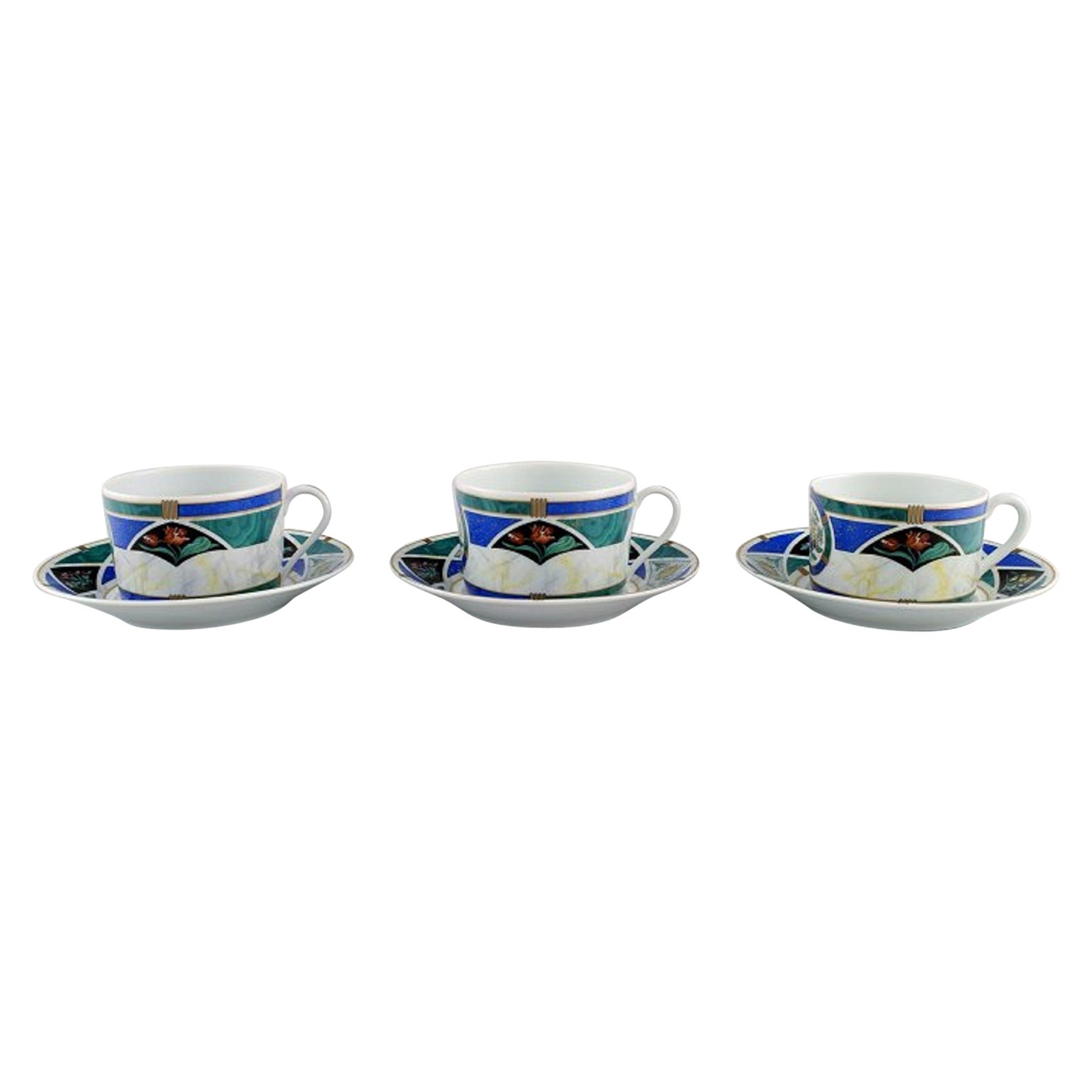 Limoges France. 3 Christian Dior "Dioricis" Anniversary Coffee Cups with Saucers