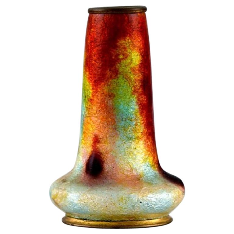 Limoges, France, Art Nouveau Bronze Vase in Colorful Enamel Work, circa 1910