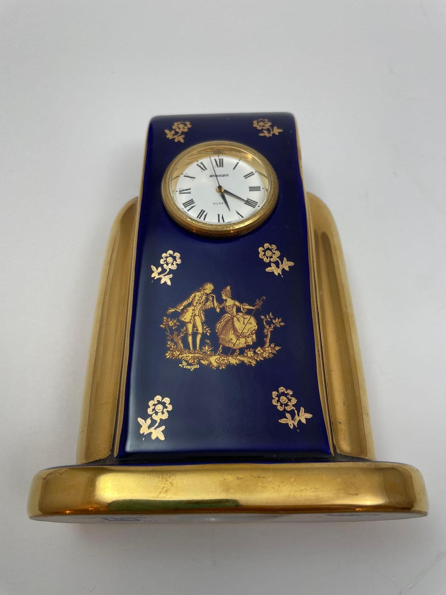 Limoges France Cobalt Blue Porcelain Desk Clock 22 Karat Gold 6