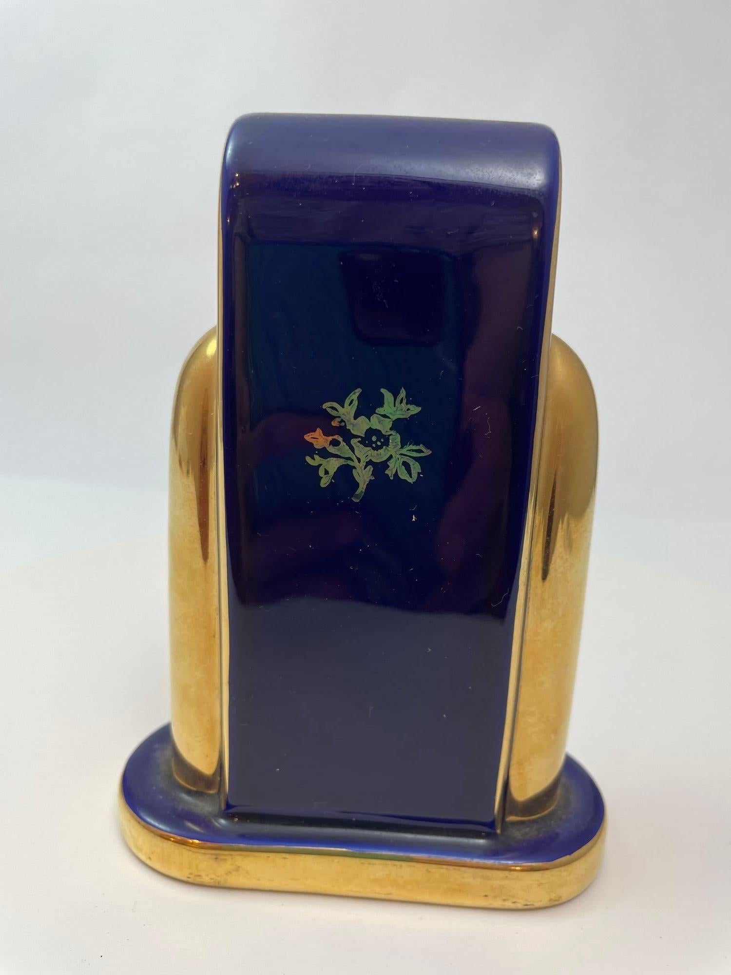 French Limoges France Cobalt Blue Porcelain Desk Clock 22 Karat Gold