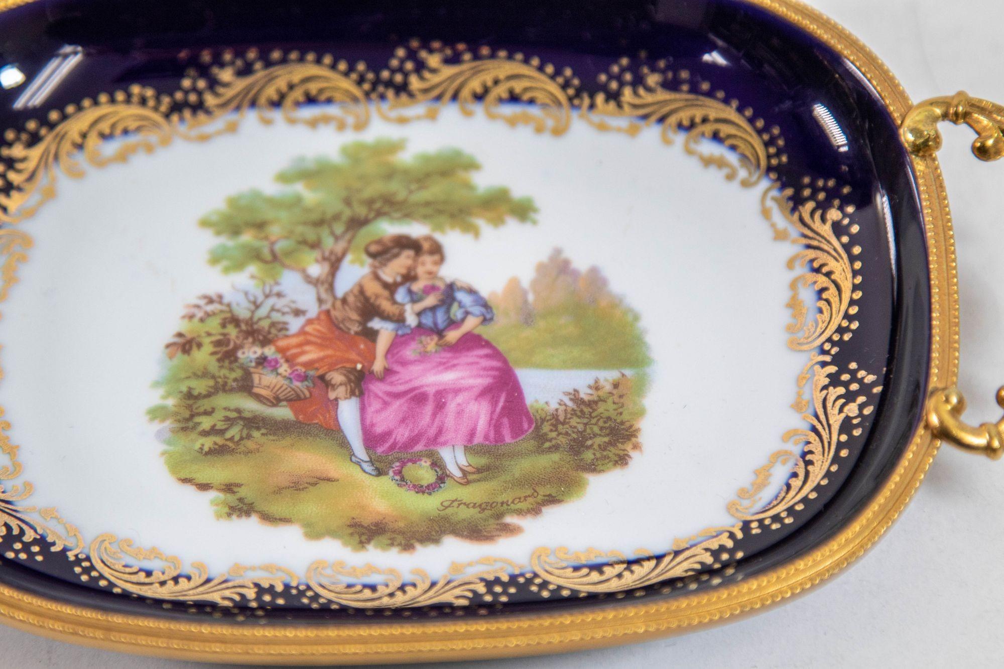 Limoges France Dish in Royal Blue with Fragonard Couple and Fine Gold Metal Trim For Sale 3