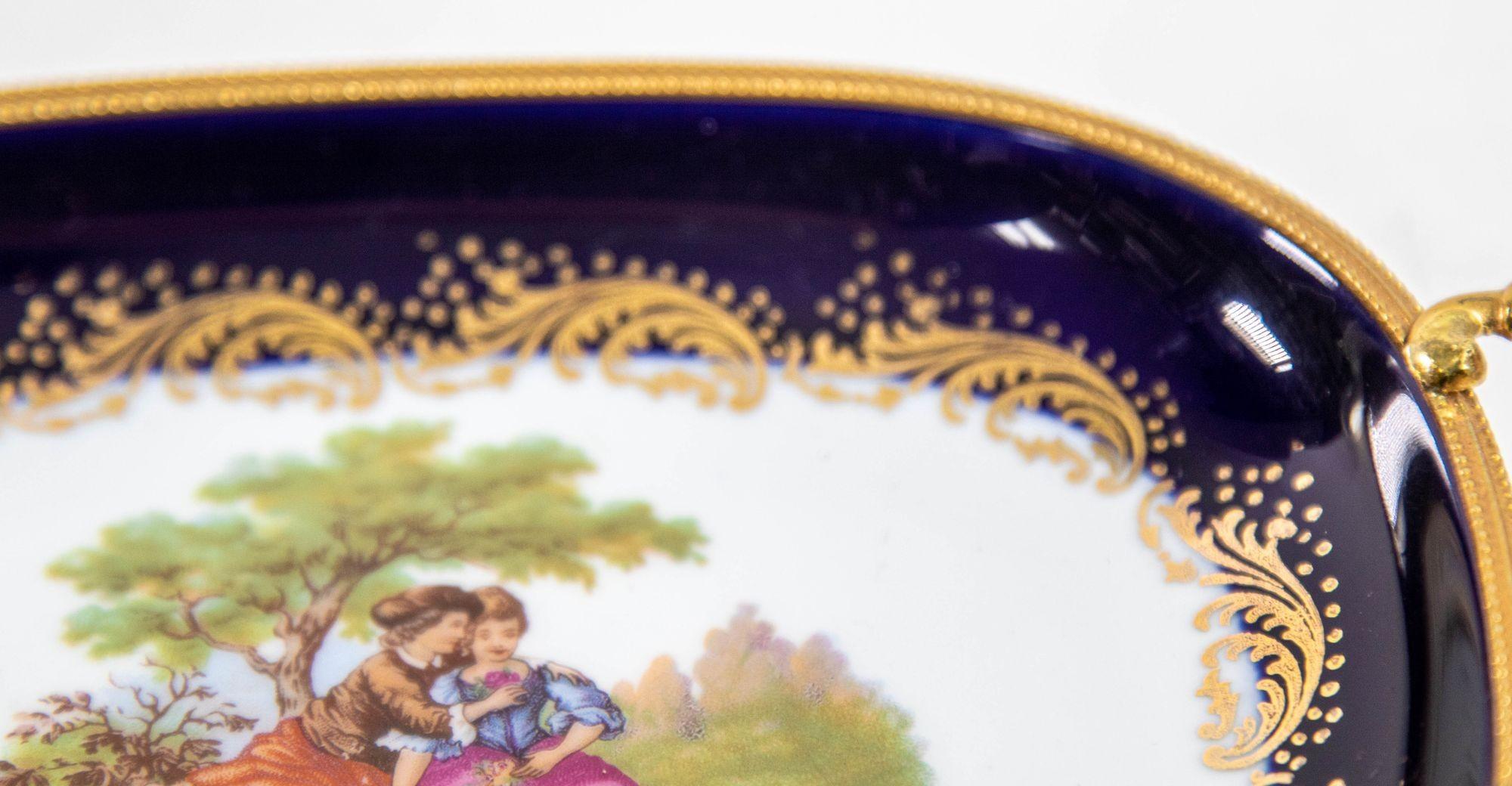 Limoges France Dish in Royal Blue with Fragonard Couple and Fine Gold Metal Trim For Sale 6