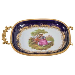 Limoges France Dish in Royal Blue with Fragonard Couple and Fine Gold Metal Trim