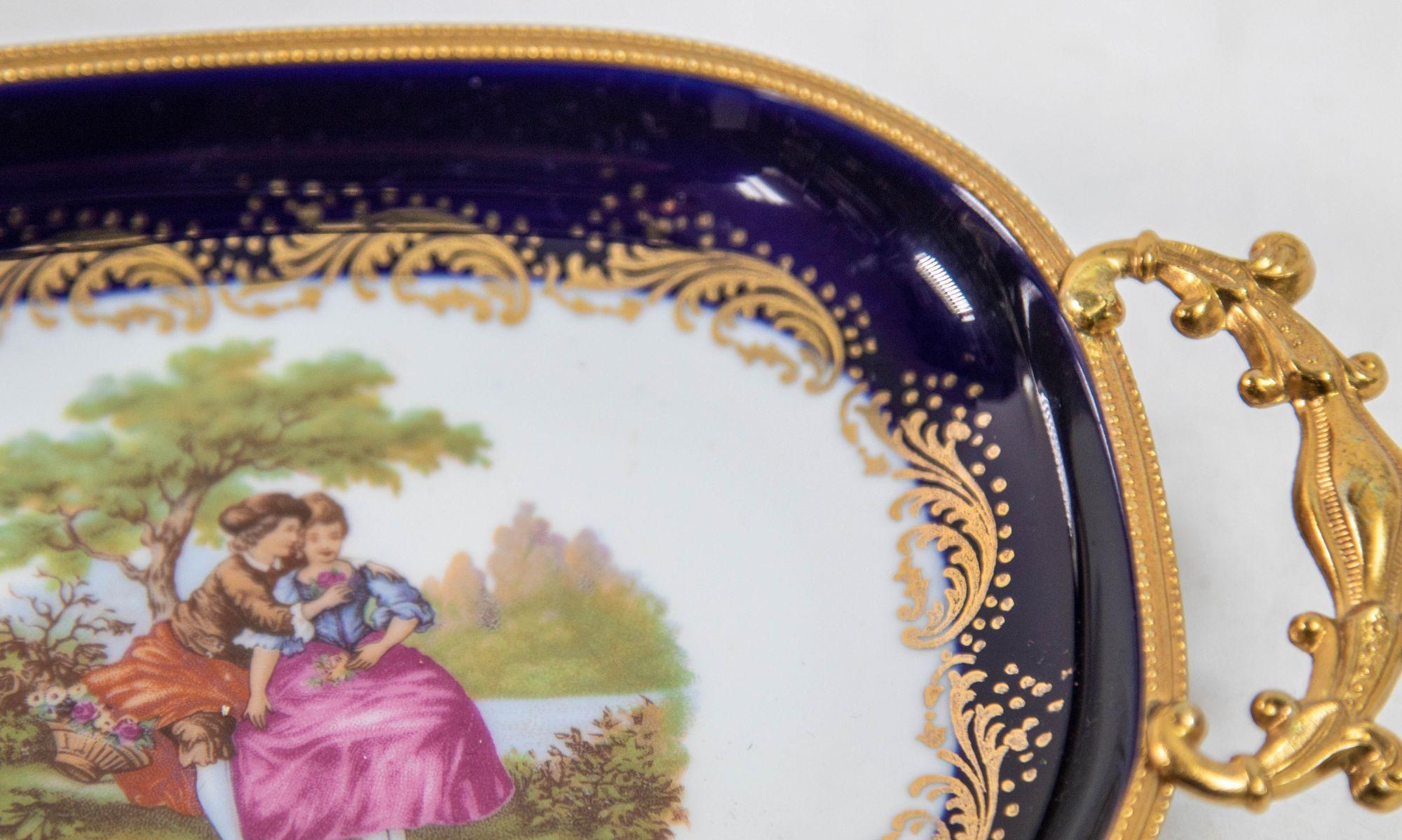 Limoges France Dish in Royal Blue with Fragonard Couple and Fine Gold Metal Trim For Sale 8