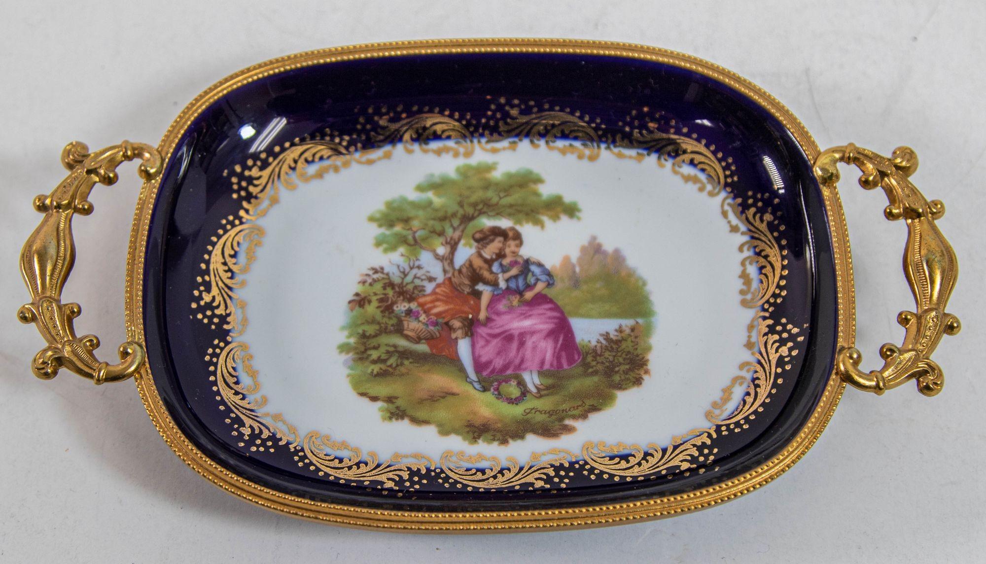 Limoges France Dish in Royal Blue with Fragonard Couple and Fine Gold Metal Trim For Sale 9