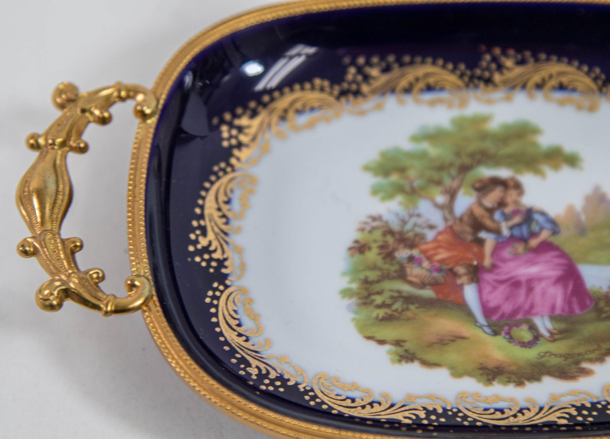 Louis XIV Limoges France Dish in Royal Blue with Fragonard Couple and Fine Gold Metal Trim For Sale