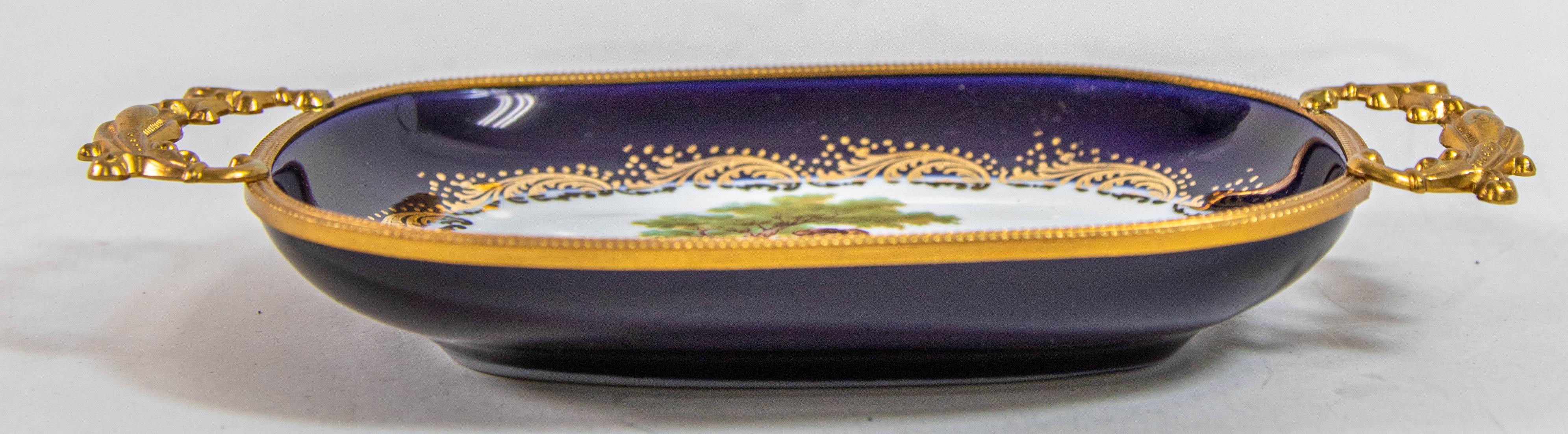 French Limoges France Dish in Royal Blue with Fragonard Couple and Fine Gold Metal Trim For Sale