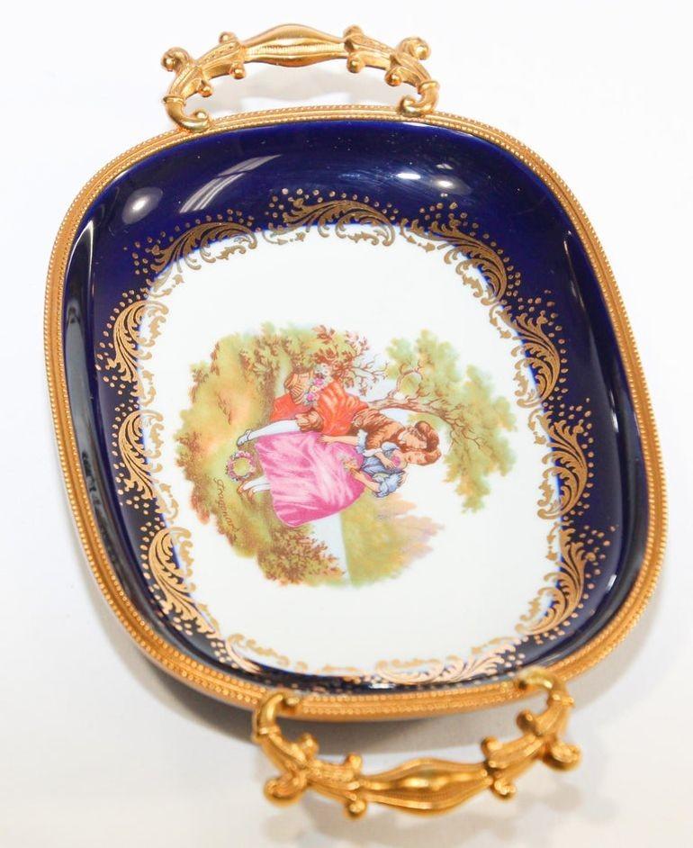 Hand-Crafted Limoges France Dish in Royal Blue with Fragonard Couple and Fine Gold Metal Trim For Sale