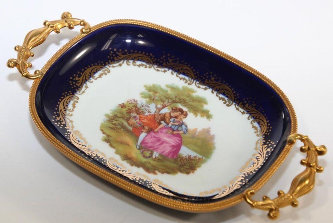 20th Century Limoges France Dish in Royal Blue with Fragonard Couple and Fine Gold Metal Trim For Sale