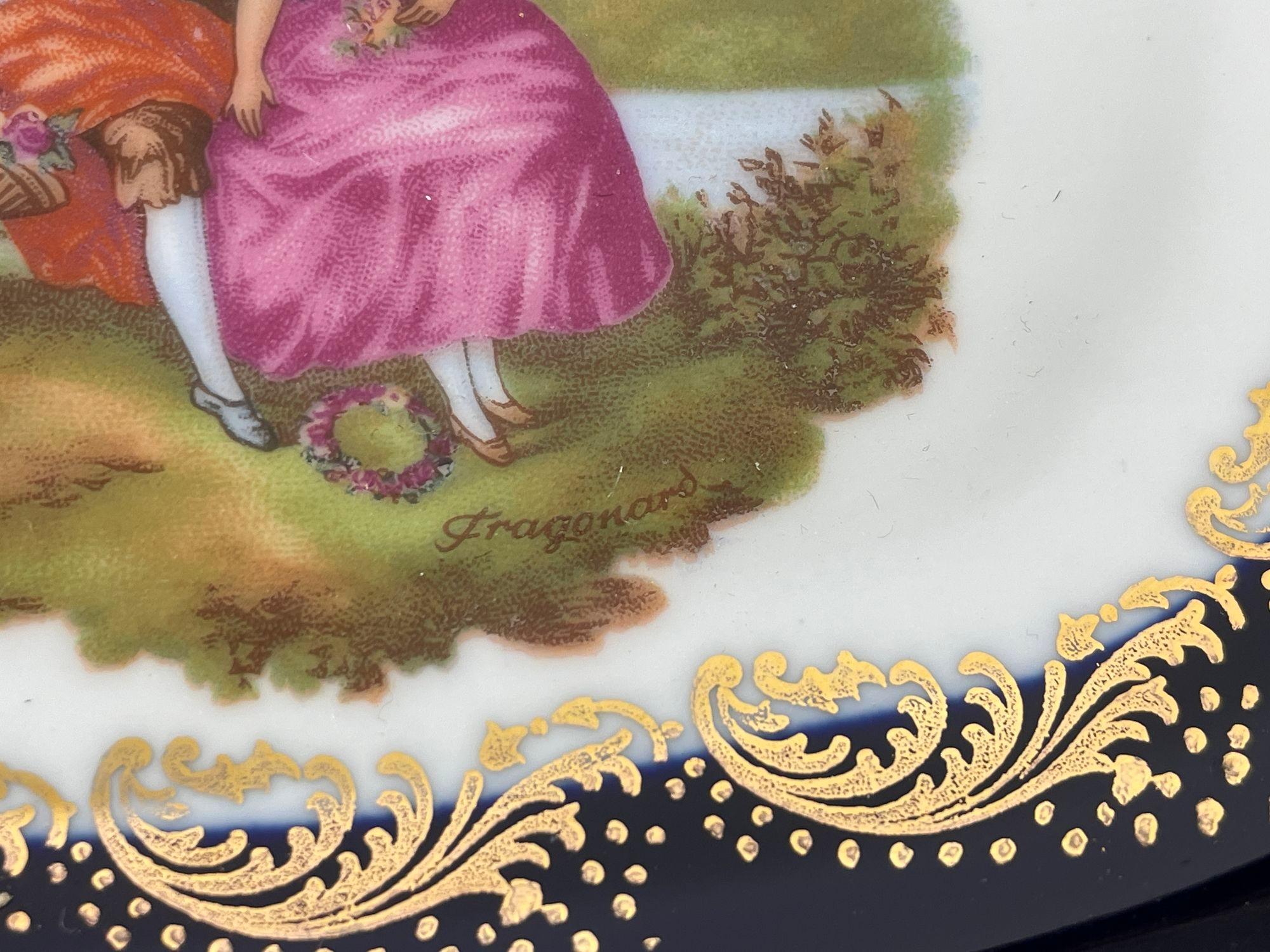 20th Century Limoges France Dish in Royal Blue with Fragonard Couple and Fine Gold Metal Trim For Sale