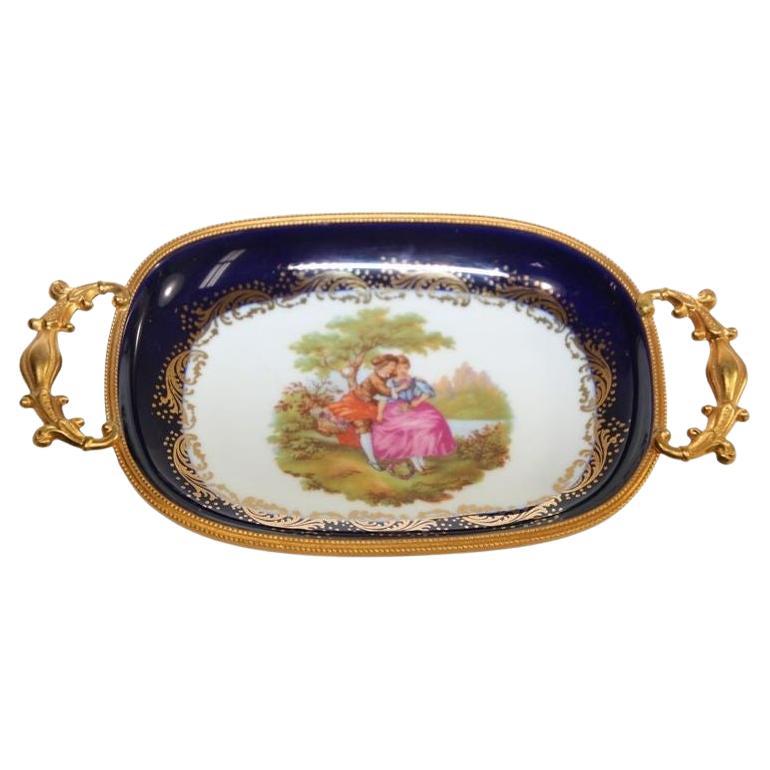 Limoges France Dish in Royal Blue with Fragonard Couple and Fine Gold Metal Trim For Sale