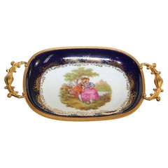 Limoges France Dish in Royal Blue with Fragonard Couple and Fine Gold Metal Trim