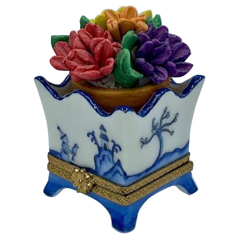 Limoges France Hand Painted Blue Willow Design Flower Pot Porcelain Trinket Box