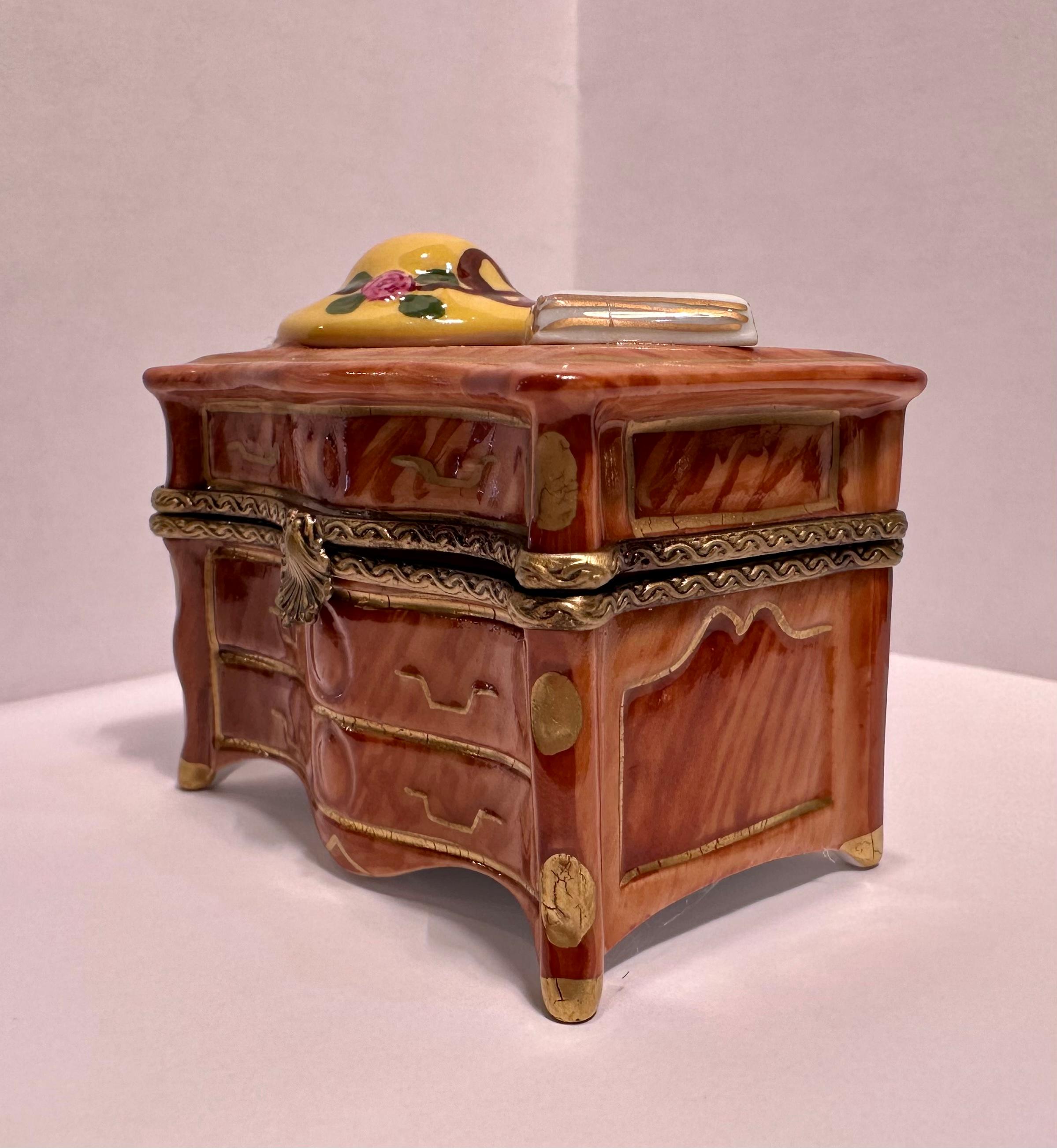 French Limoges France Hand Painted Dresser With Hat & Music Book Porcelain Trinket Box