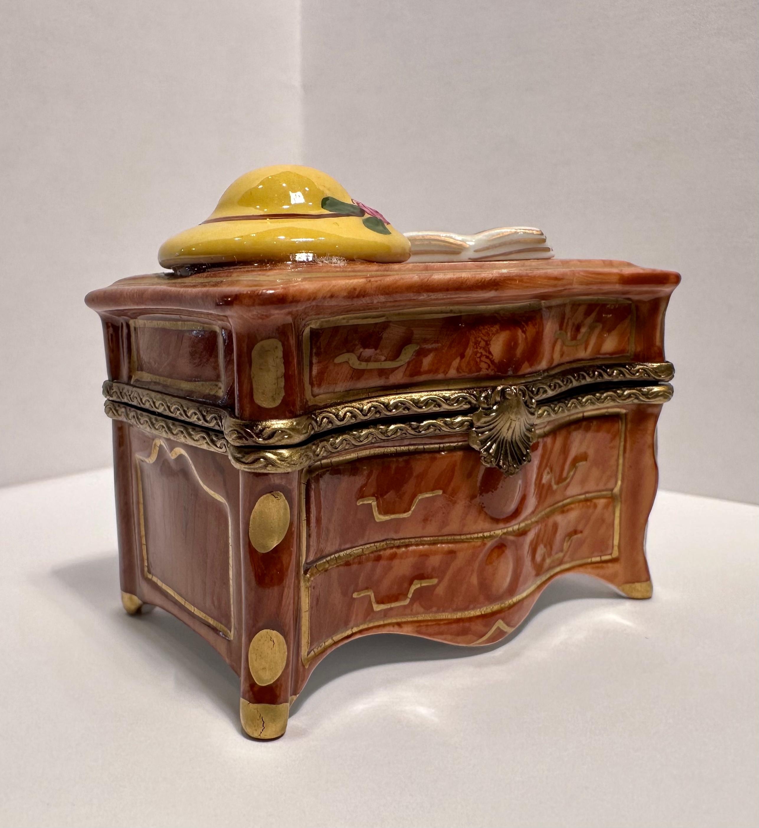 Hand-Painted Limoges France Hand Painted Dresser With Hat & Music Book Porcelain Trinket Box For Sale