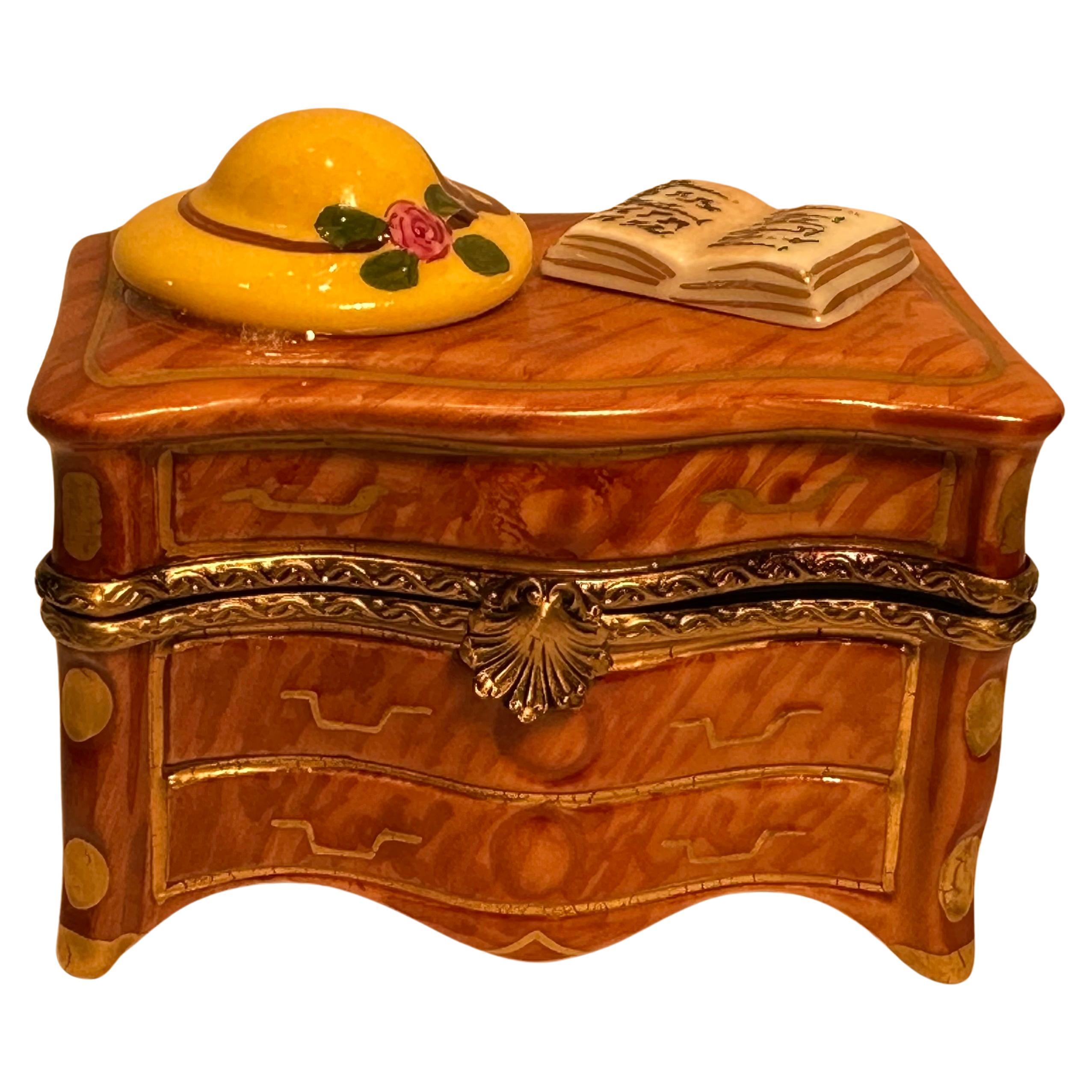 Limoges France Hand Painted Dresser With Hat & Music Book Porcelain Trinket Box For Sale