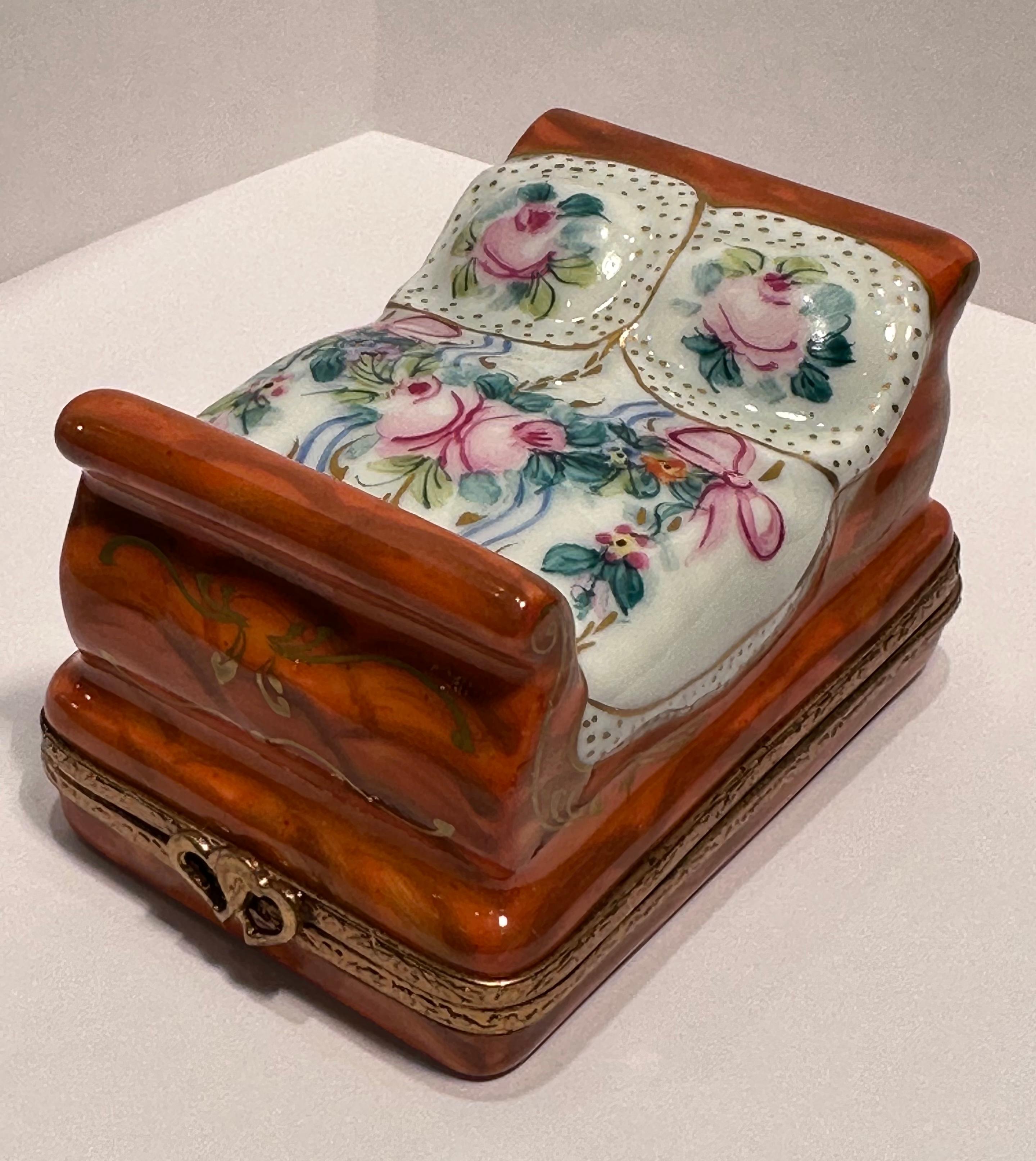 Hand-Painted Limoges France Hand Painted French Sleigh Bed Porcelain Trinket Box