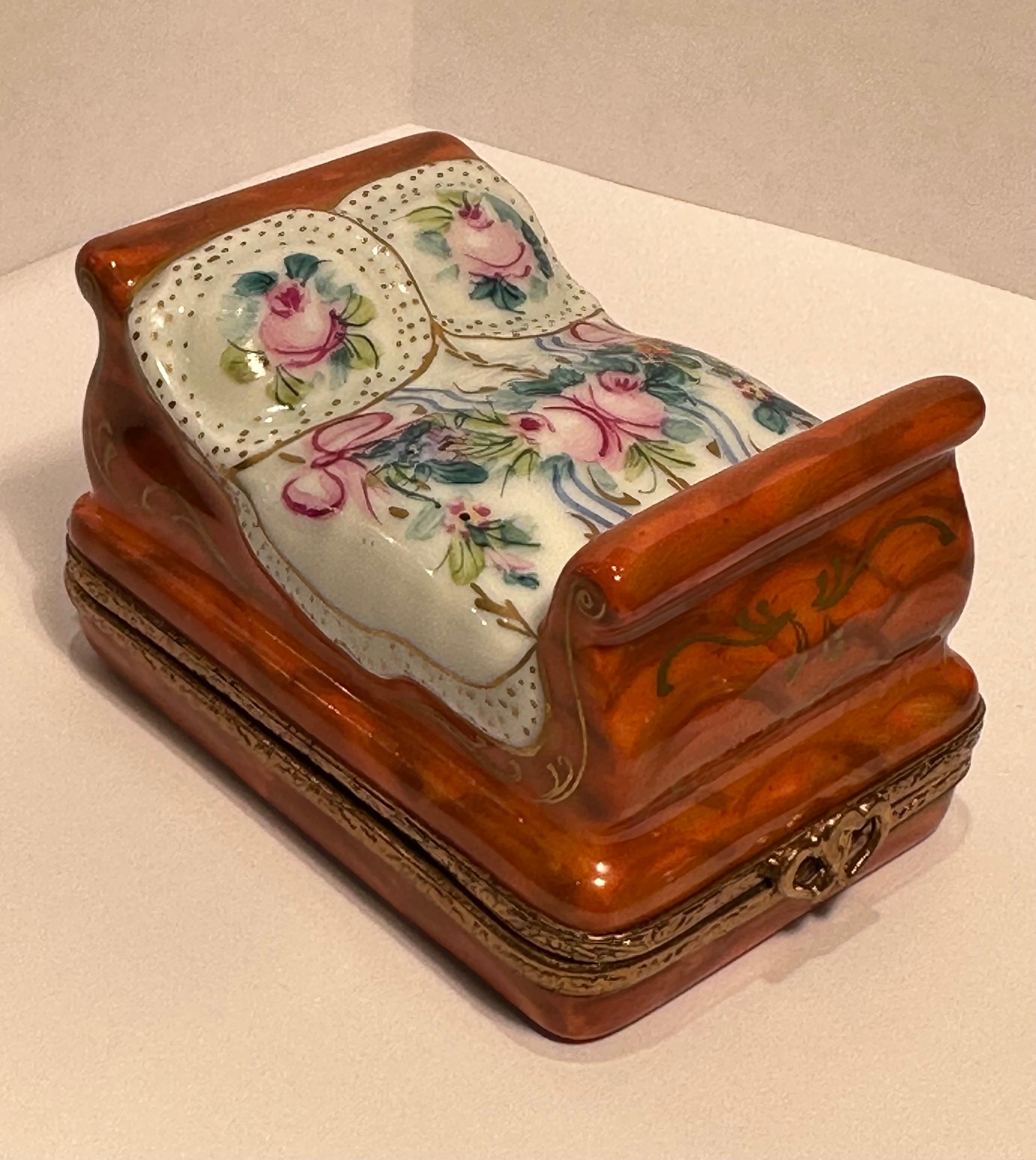 20th Century Limoges France Hand Painted French Sleigh Bed Porcelain Trinket Box