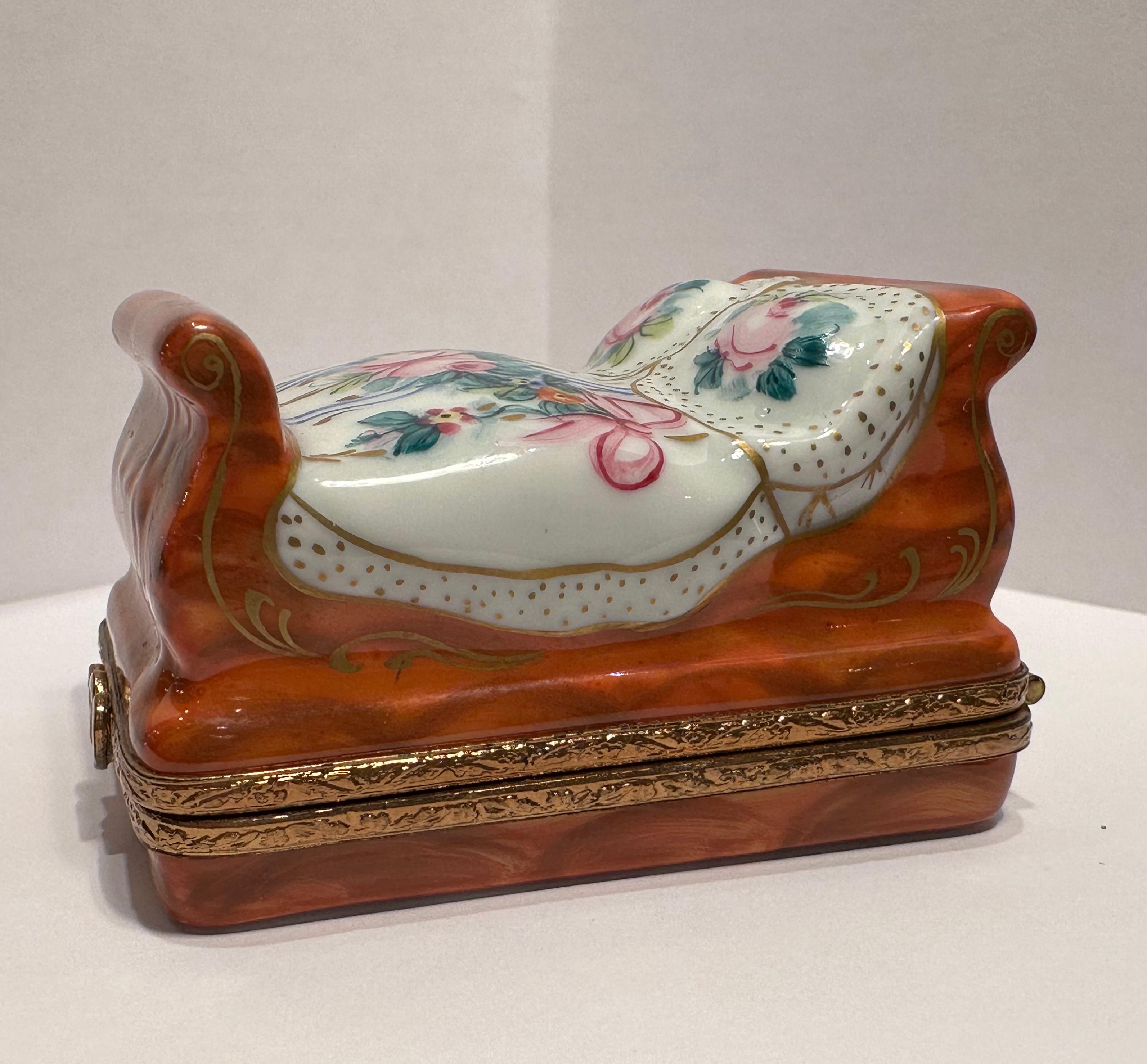 Limoges France Hand Painted French Sleigh Bed Porcelain Trinket Box 1