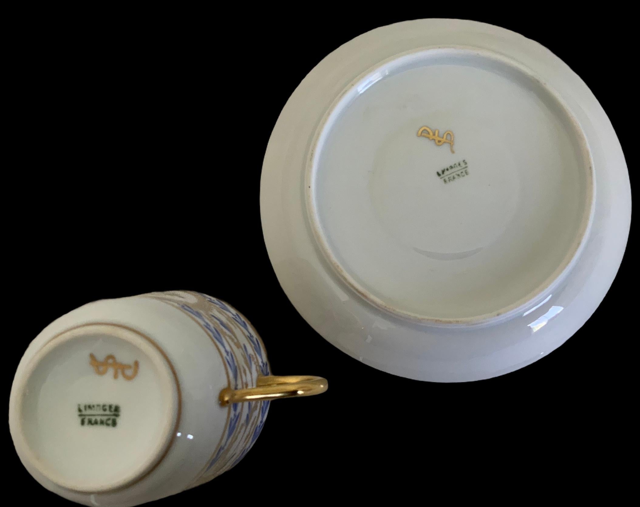 Neoclassical Limoges France Hand Painted Porcelain Demitasse and Saucer