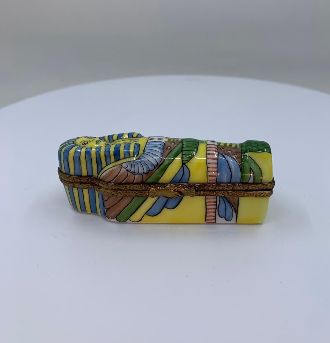 20th Century Limoges France Hand Painted Porcelain Egyptian King Tut Shaped Trinket Box