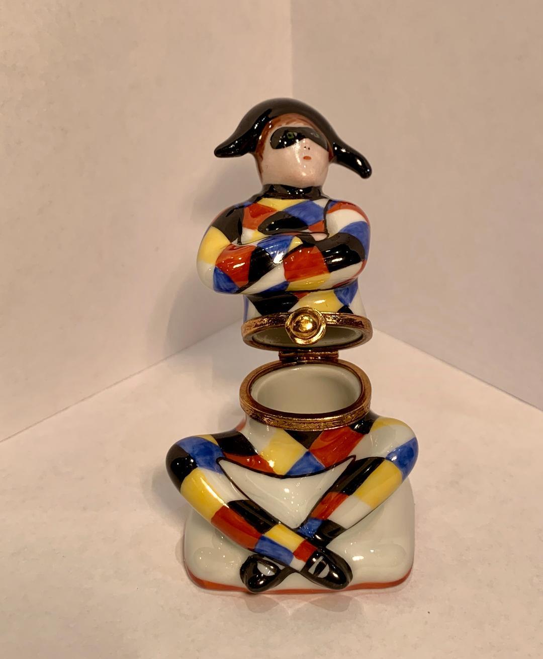 20th Century Limoges France Hand Painted Porcelain Harlequin or Arlequin Shaped Trinket Box