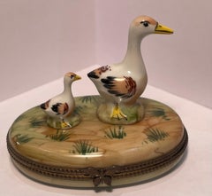 Limoges France Hand-Painted Porcelain Mother Duck and Duckling Trinket Box