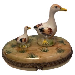Limoges France Hand-Painted Porcelain Mother Duck and Duckling Trinket Box