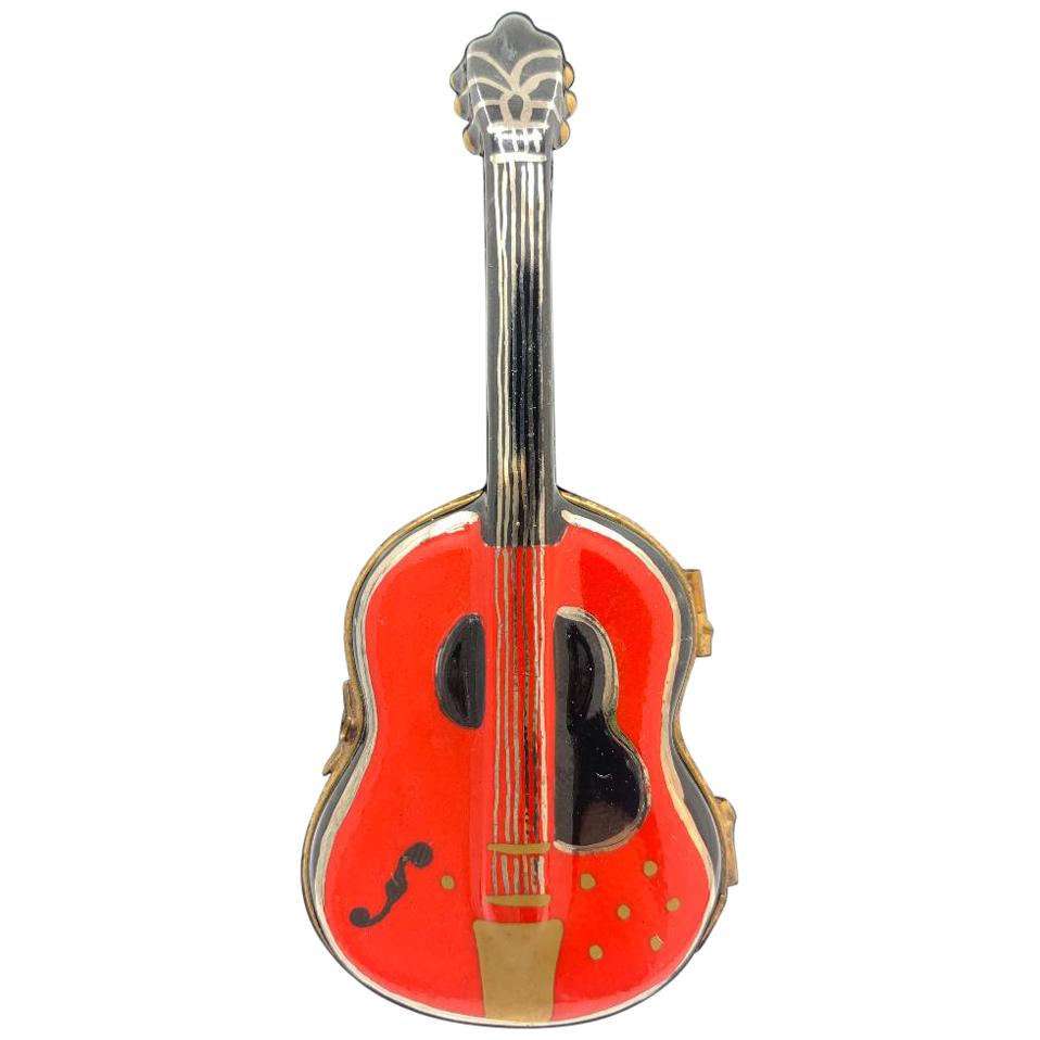 Limoges France Hand Painted Porcelain Red Guitar Shaped Trinket Box