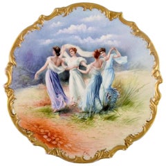 Limoges, France, Large Retro Dish in Hand Painted Porcelain with Dancing Women