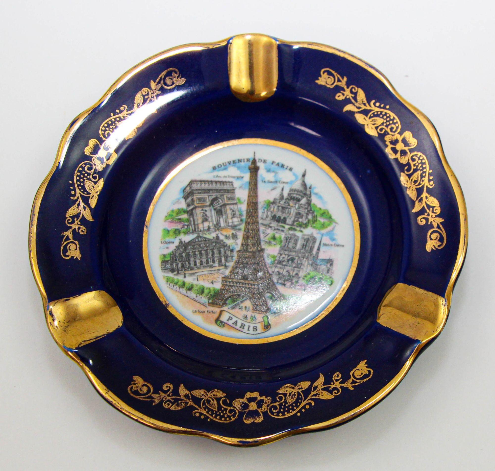 Louis XIV Limoges France Porcelain Dish Ashtray Souvenir of Paris Cobalt Blue and 24K Gold For Sale