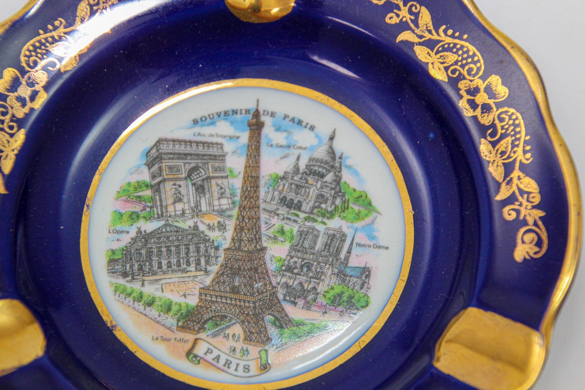French Limoges France Porcelain Dish Ashtray Souvenir of Paris Cobalt Blue and 24K Gold For Sale