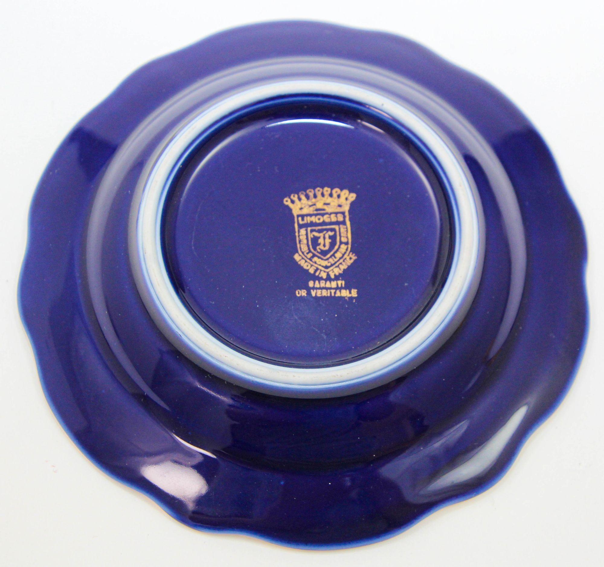 Hand-Crafted Limoges France Porcelain Dish Ashtray Souvenir of Paris Cobalt Blue and 24K Gold For Sale