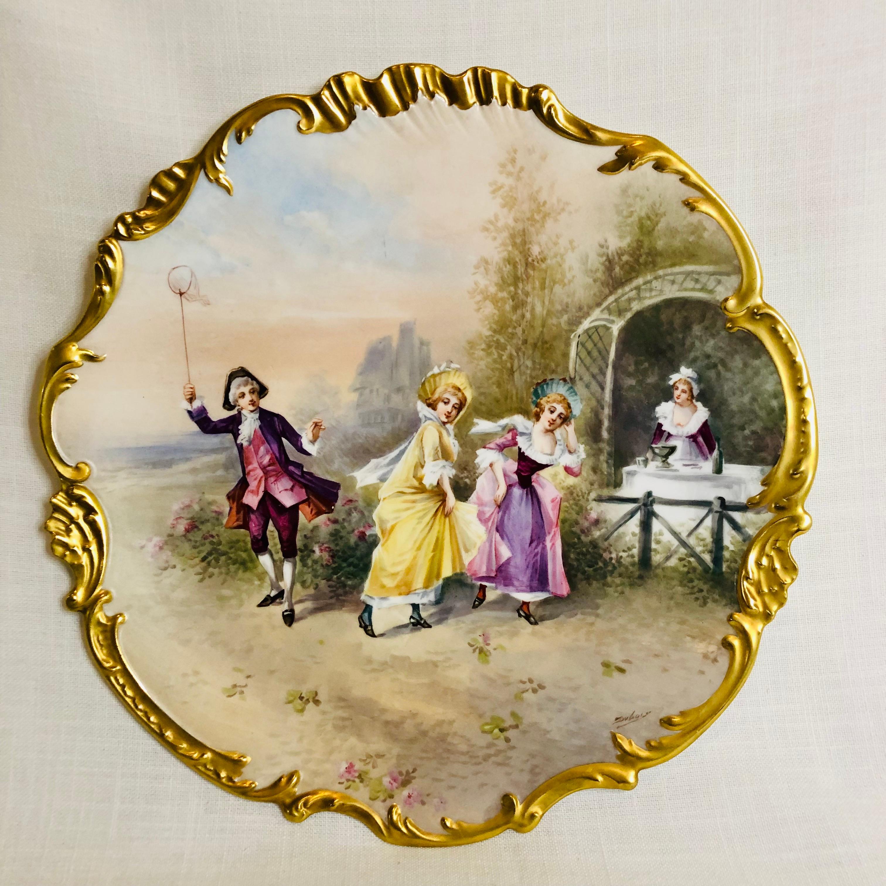 Early 20th Century Limoges France Porcelain Plaque Artist Signed Dubois of Outdoor Festivities For Sale