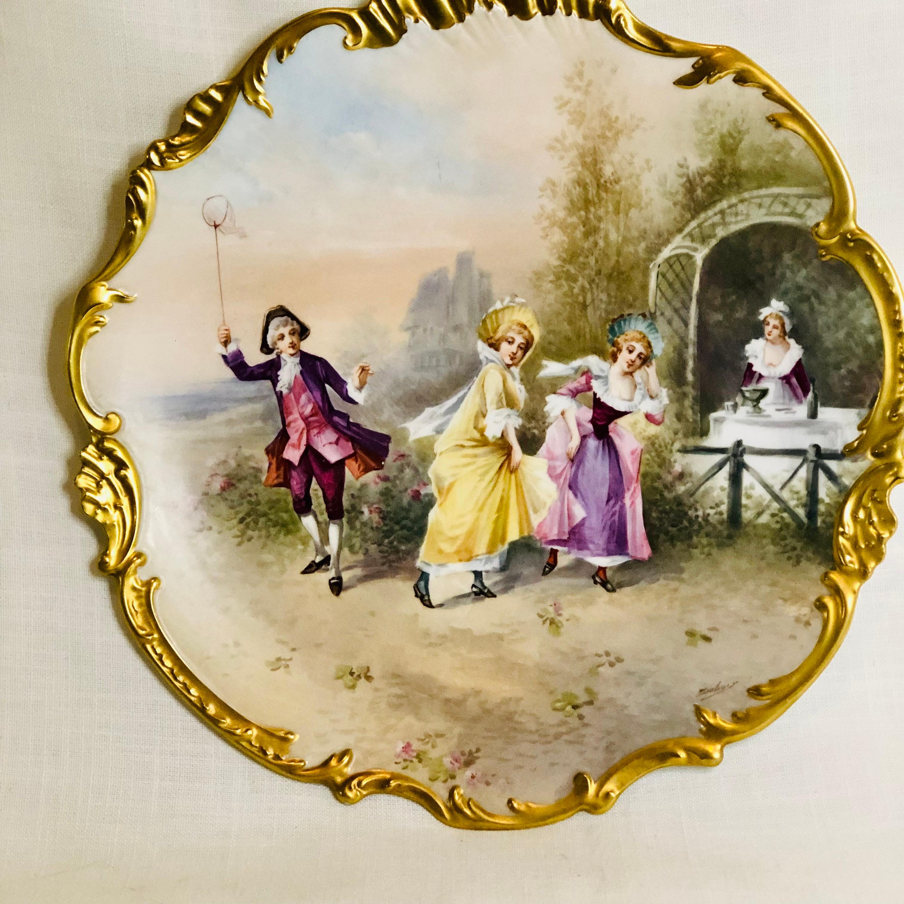 Limoges France Porcelain Plaque Artist Signed Dubois of Outdoor Festivities For Sale 4