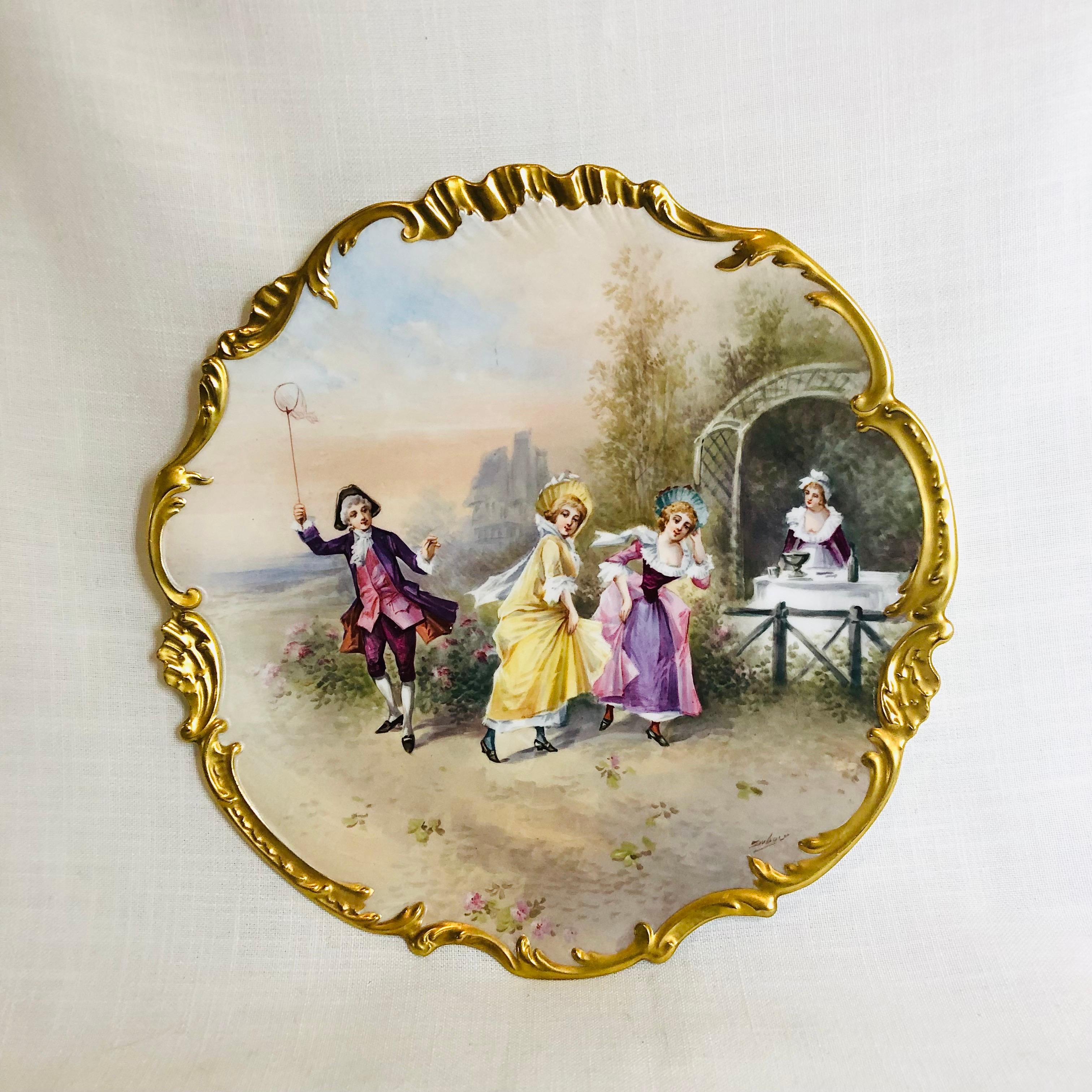 Limoges France Porcelain Plaque Artist Signed Dubois of Outdoor Festivities For Sale 6