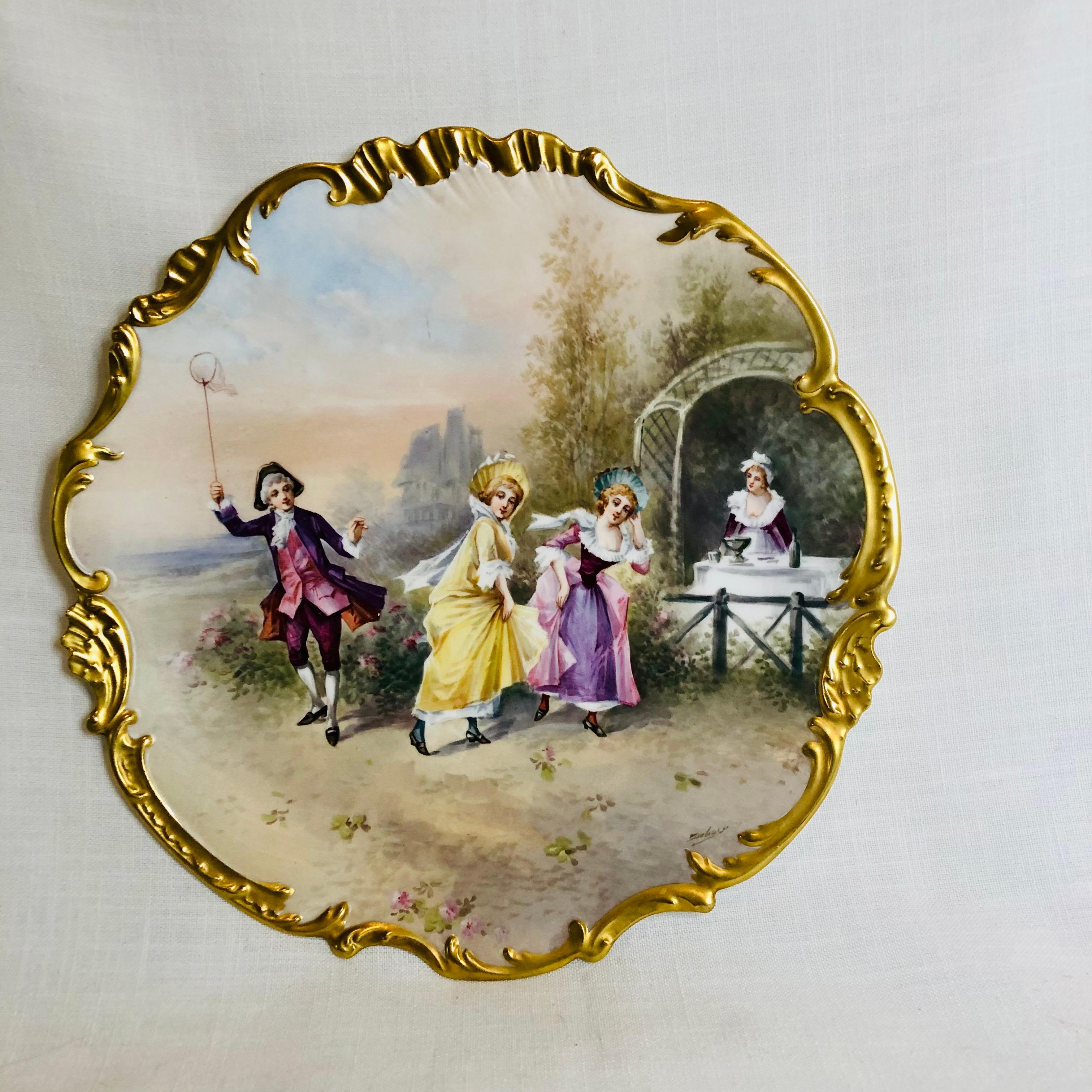 Limoges France Porcelain Plaque Artist Signed Dubois of Outdoor Festivities For Sale 7