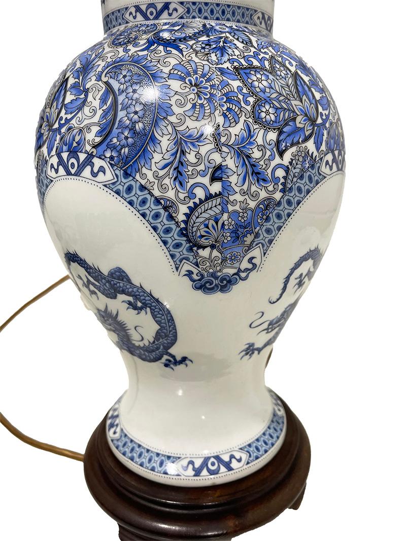 20th Century Limoges France porcelain table lamp with blue dragon, 20th century For Sale