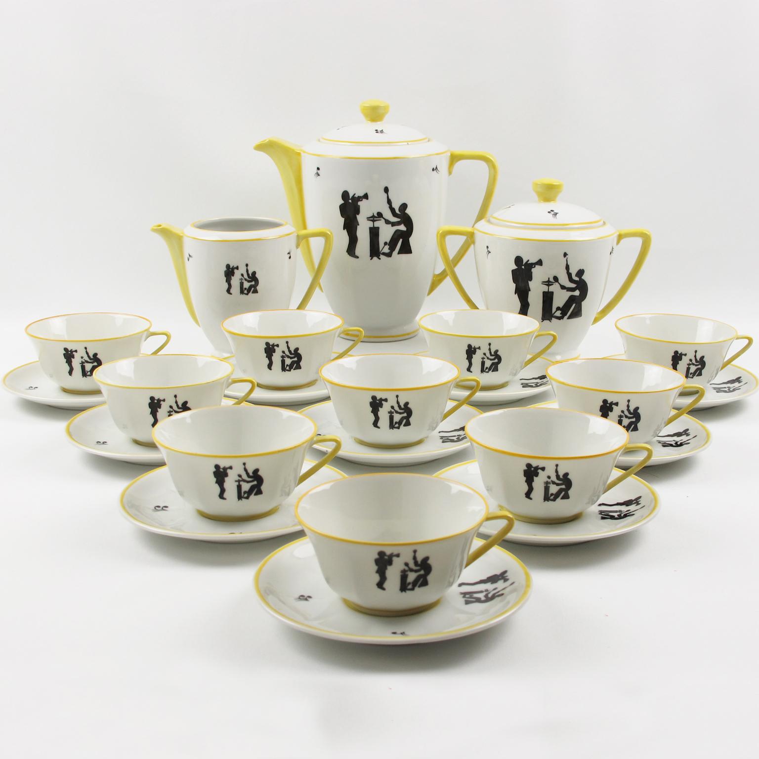 A stunning 1960s Limoges France porcelain tea or coffee service set. 
The set features 13 pieces: tea or coffee pot, creamer, sugar pot, and ten cups and saucers. 
Rare hand-painted jazz band design in black with musical notes and bright yellow
