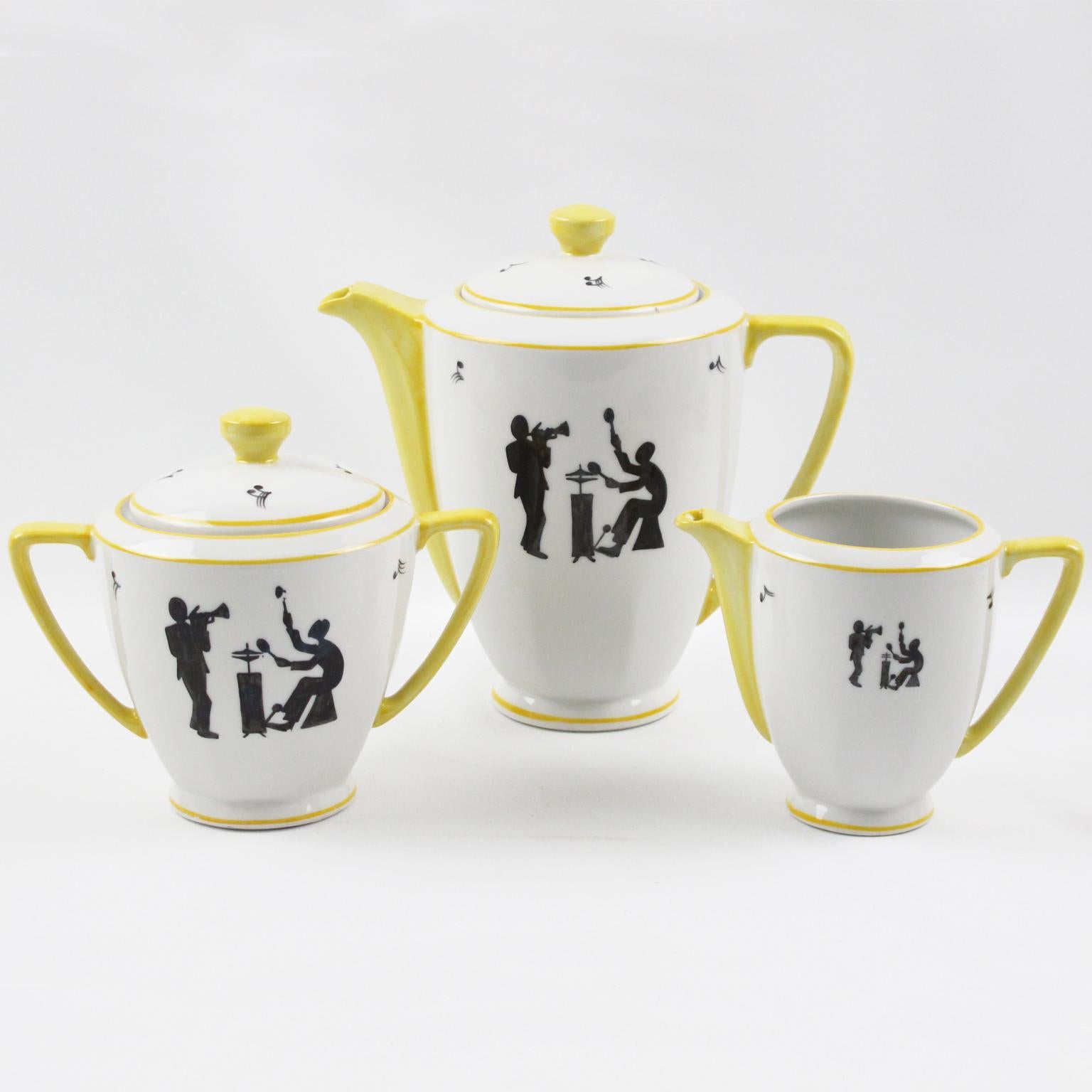 Mid-Century Modern Limoges France Porcelain Tea Coffee Set Jazz Band Design, 1960s