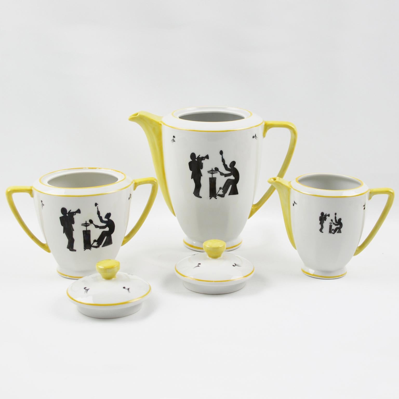 Limoges France Porcelain Tea Coffee Set Jazz Band Design, 1960s In Excellent Condition In Atlanta, GA