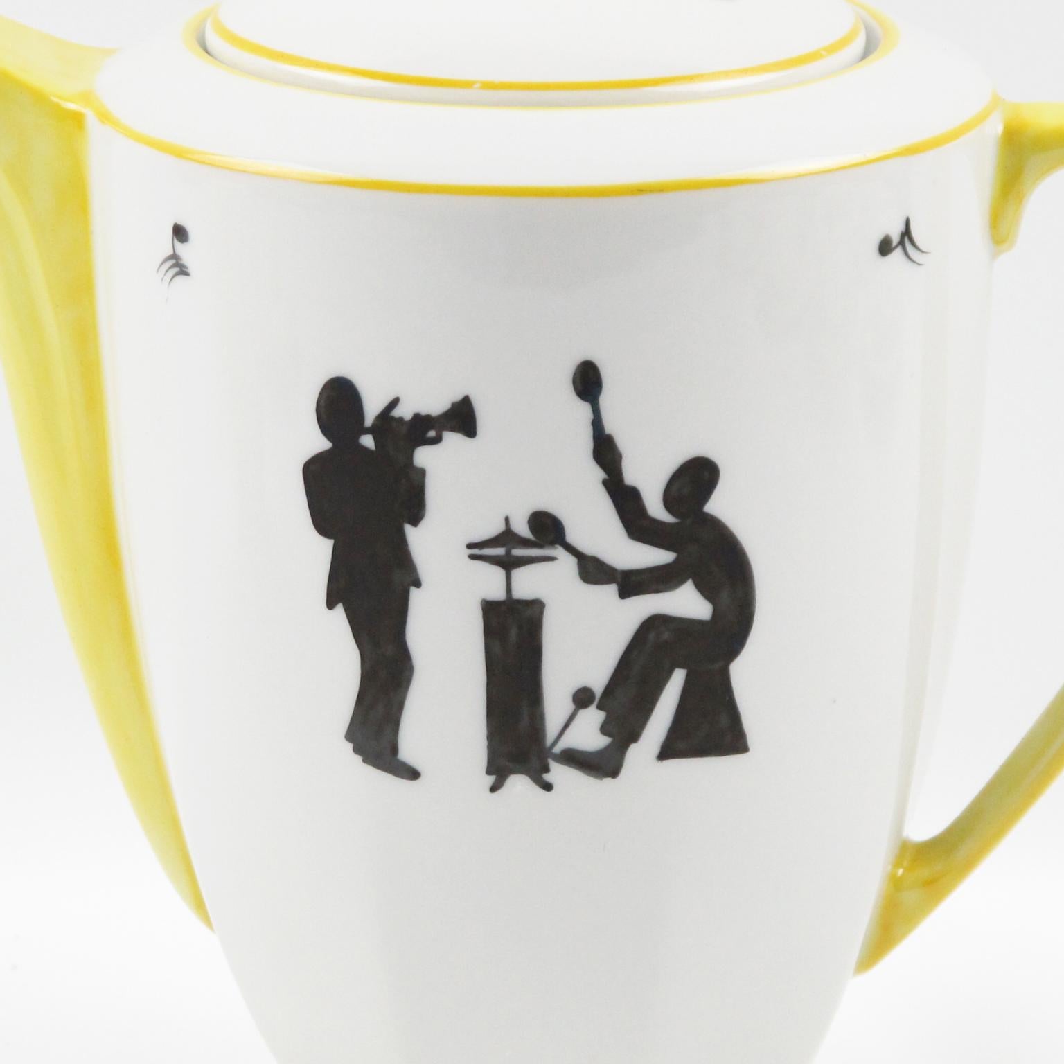 Mid-20th Century Limoges France Porcelain Tea Coffee Set Jazz Band Design, 1960s