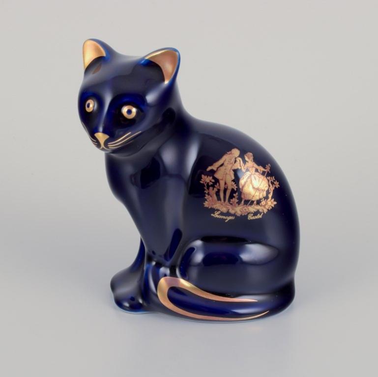 Limoges, France. Six porcelain miniature animals, decorated with 22-karat gold leaf and a beautiful royal blue glaze. Scène galante. 
Approximately 1970.
Provenance: From a large French private collection of Limoges porcelain.
Marked.
In perfect