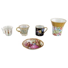 Limoges, France, Three Mocha Cups, Dish/Bowl and Vase in Hand-Painted Porcelain