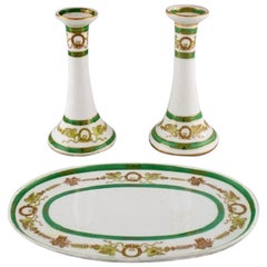 Vintage Limoges, France, Two Candlesticks and a Dish in Hand Painted Porcelain