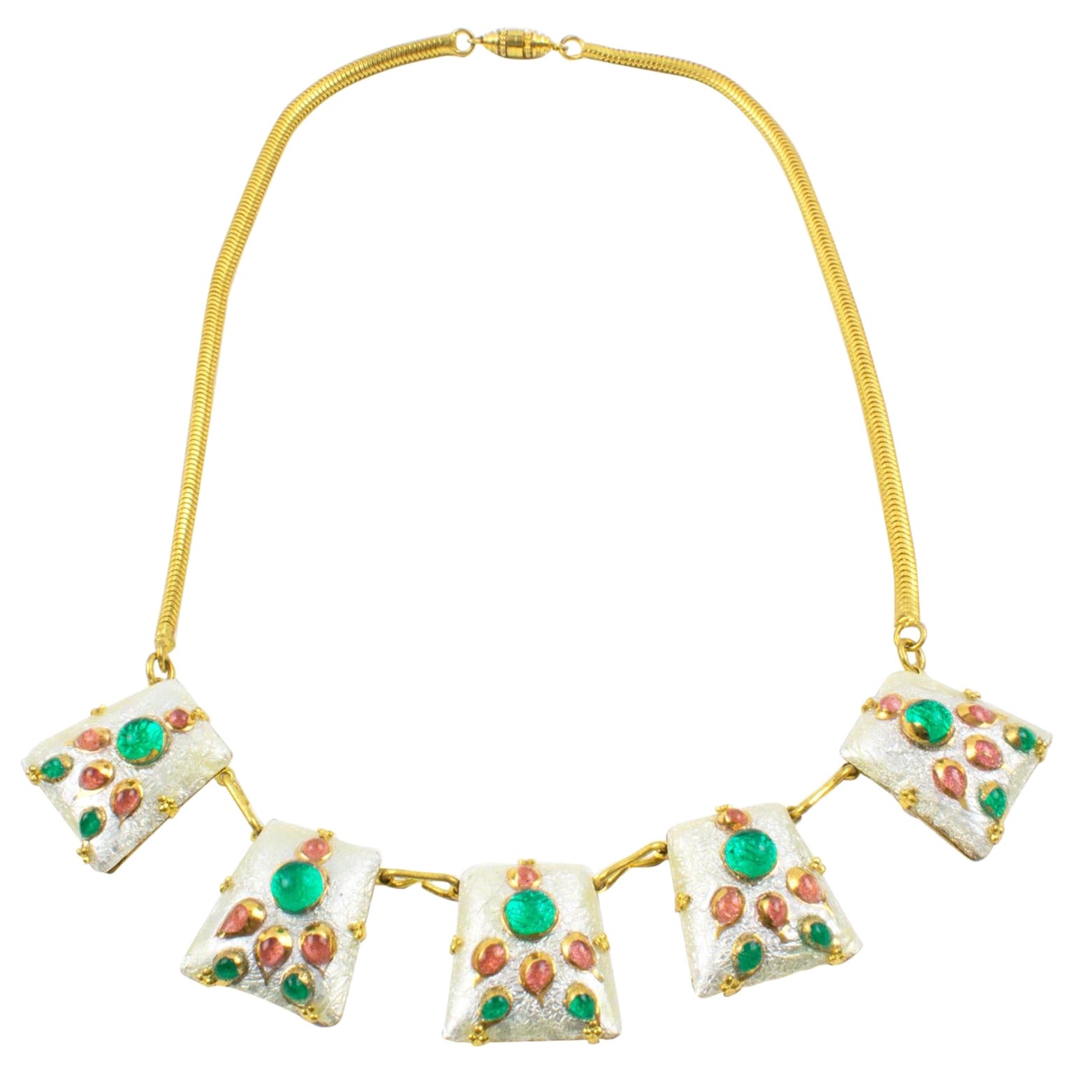 Limoges France White Enamel and Pate de Verre Link Necklace